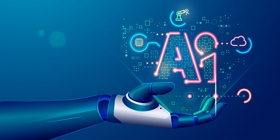 concept of machine learning or artificial intelligence technology, graphic of robot hand with symbol AI and futuristic element